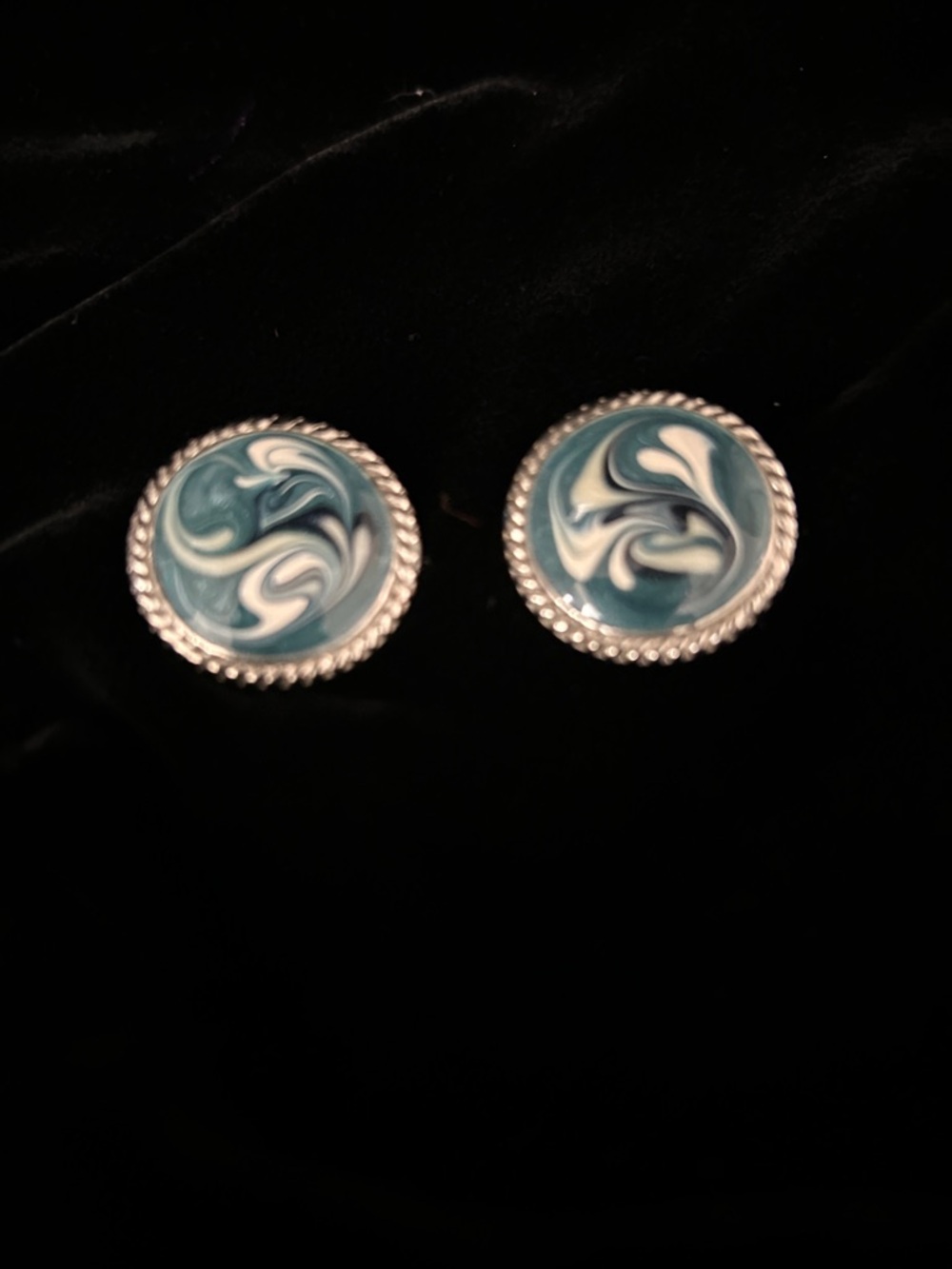 Teal and White Swirl Round Stud Earrings with Silver-Tone Rope Edge